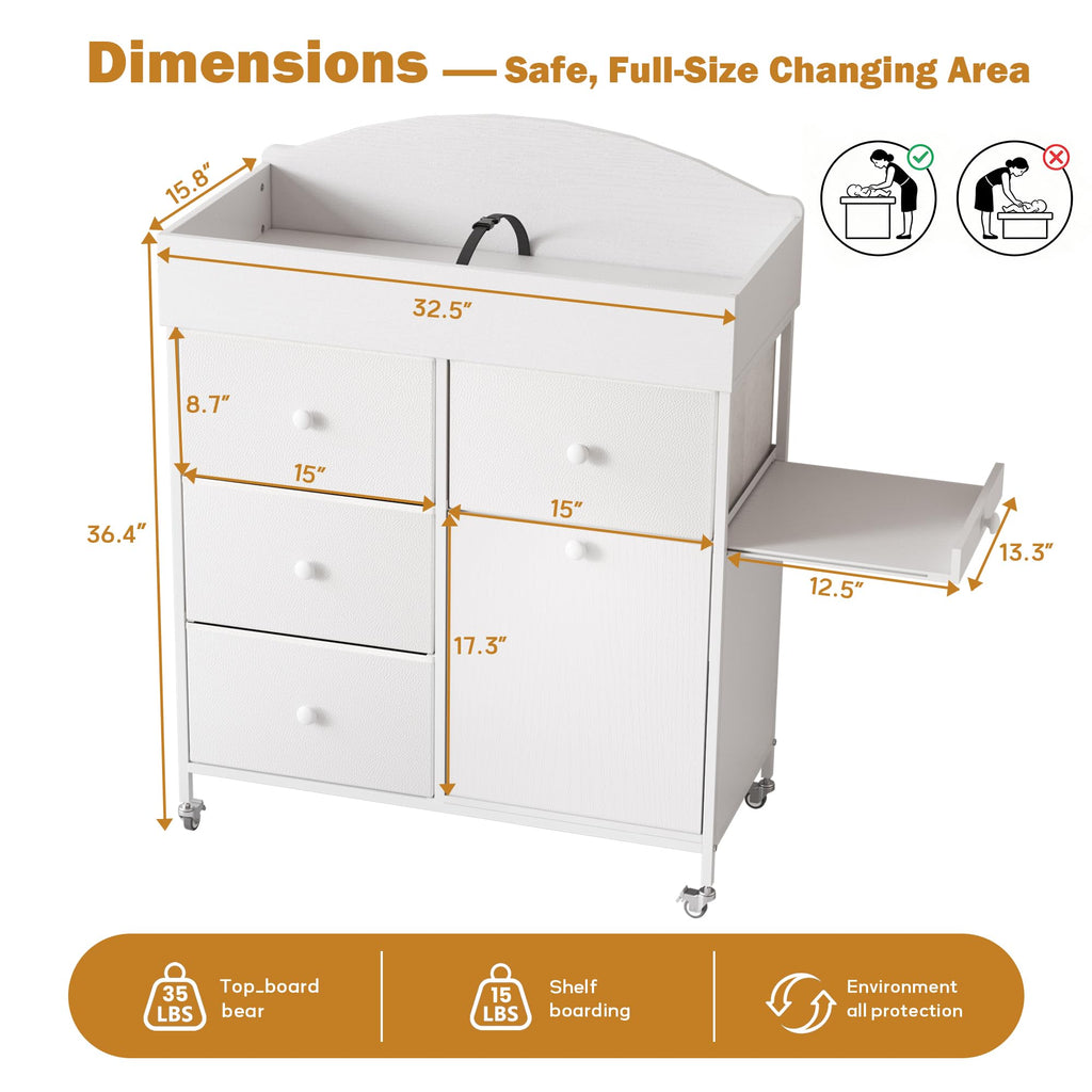 Baby Dresser with Changing Table Top, 4-Drawers Changing Table Dresser with Tile-Out Trash Cabinet and Pull-Out