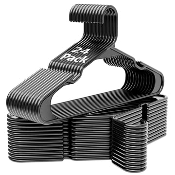 Black Plastic Hangers 24 Pack with Non-Slip Shoulder Grooves