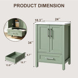 24" Light Green Freestanding Bathroom Vanity with Sink - Wooden Cabinet with Soft-Close Door