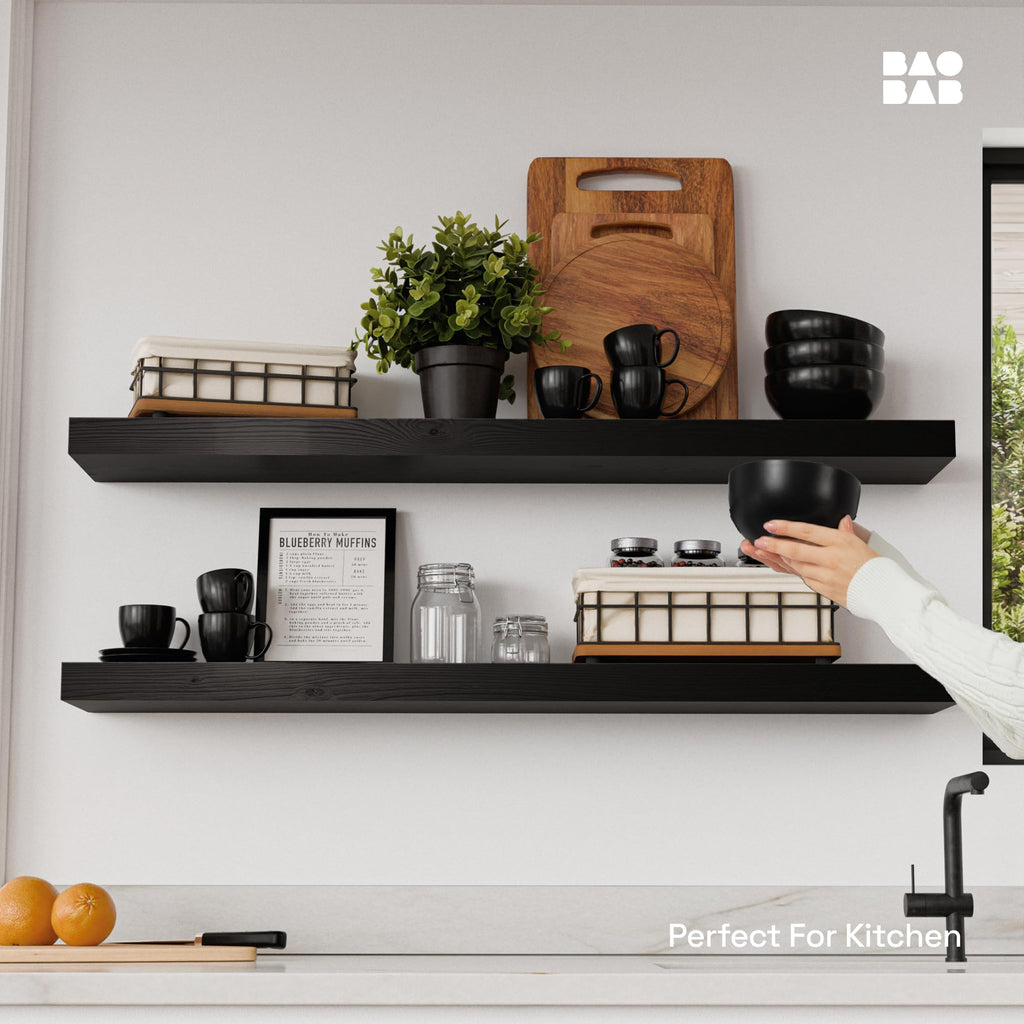 Solid Wood Floating Shelves for Wall 36 Inches Long, Black Wooden Shelf
