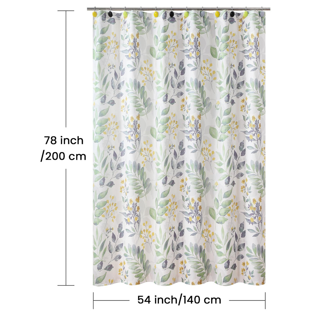 54x78 Inch Stall Shower Curtain, Sage Green Gray Yellow Watercolor Botanical Leaf Print Fabric Shower Curtains, 54"