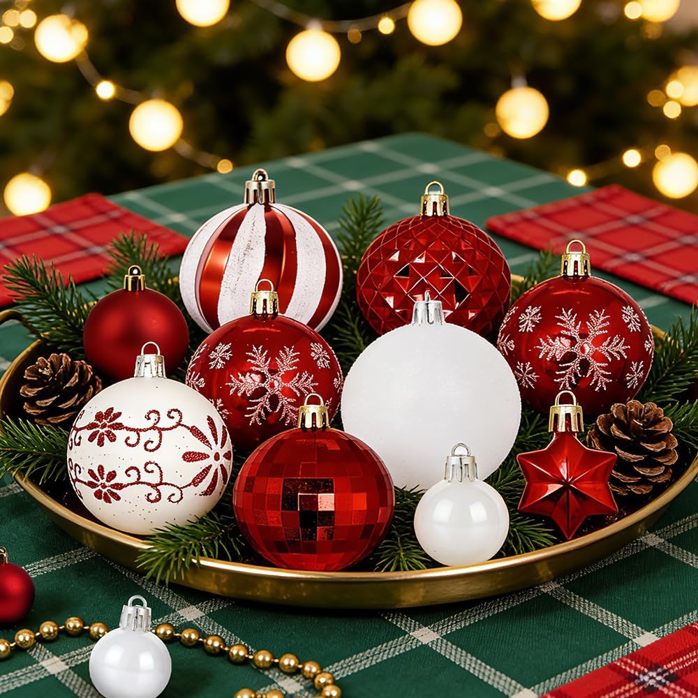 Christmas Ball Ornaments Set, Shatterproof White and Red Assorted Hanging Ornaments Xmas Tree Ball - Set of 44
