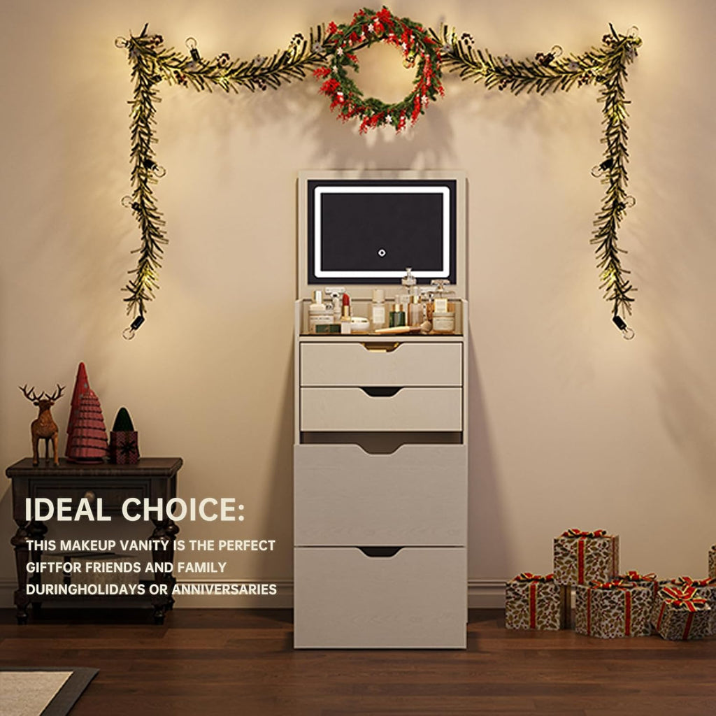 3-in-1 Vanity with Mirror and Lights, Modern Compact Vanity Table with 3 Storage Drawer, Small Makeup Vanity Desk