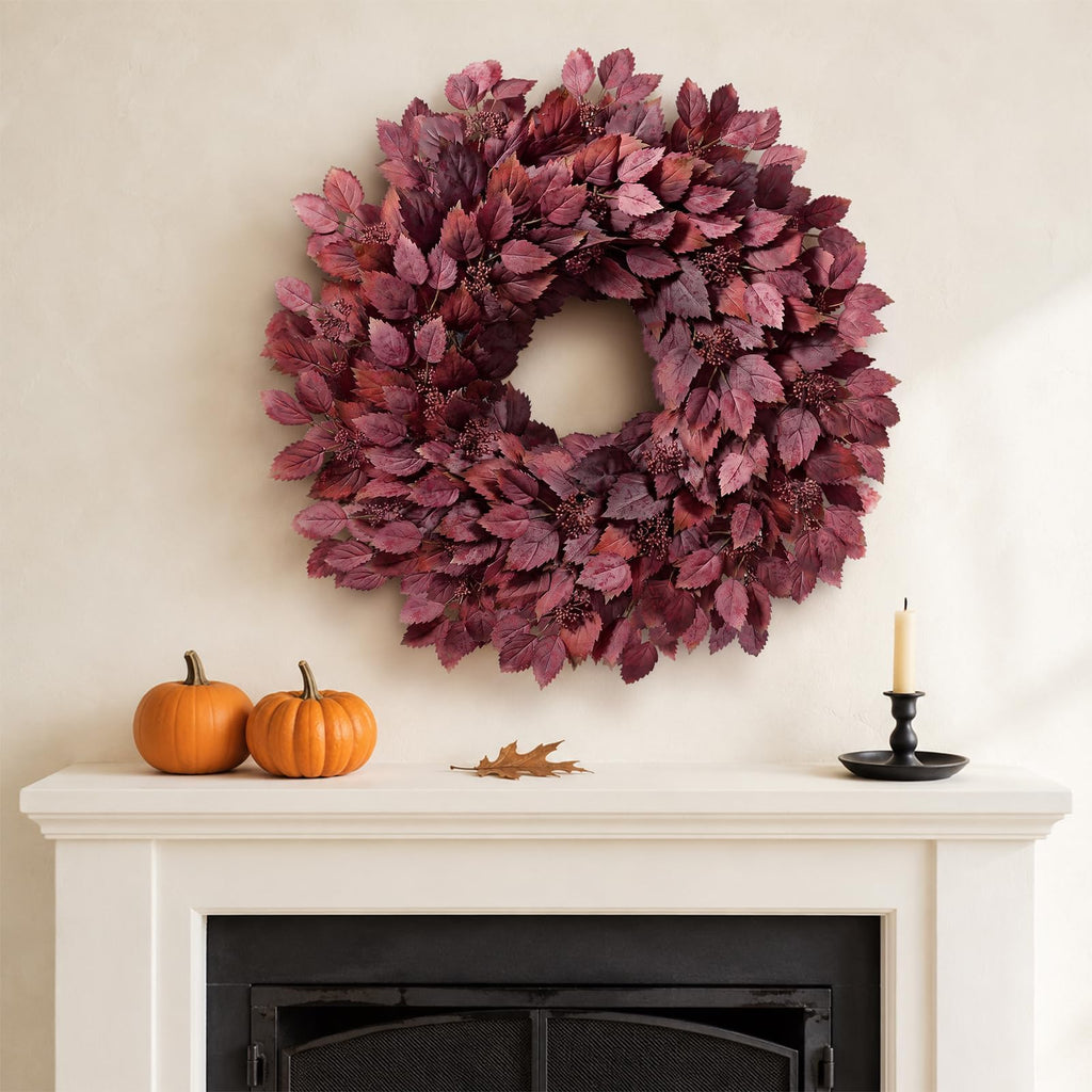 26" Artificial Hibiscus Leaves Fall Wreath for Front Door Decor(Autumn Red)