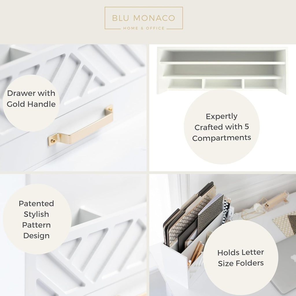 White Wooden Desk Organizer & Mail Organizer with Drawer & Gold Handle | Mail Sorter Countertop | 6 Compartments |