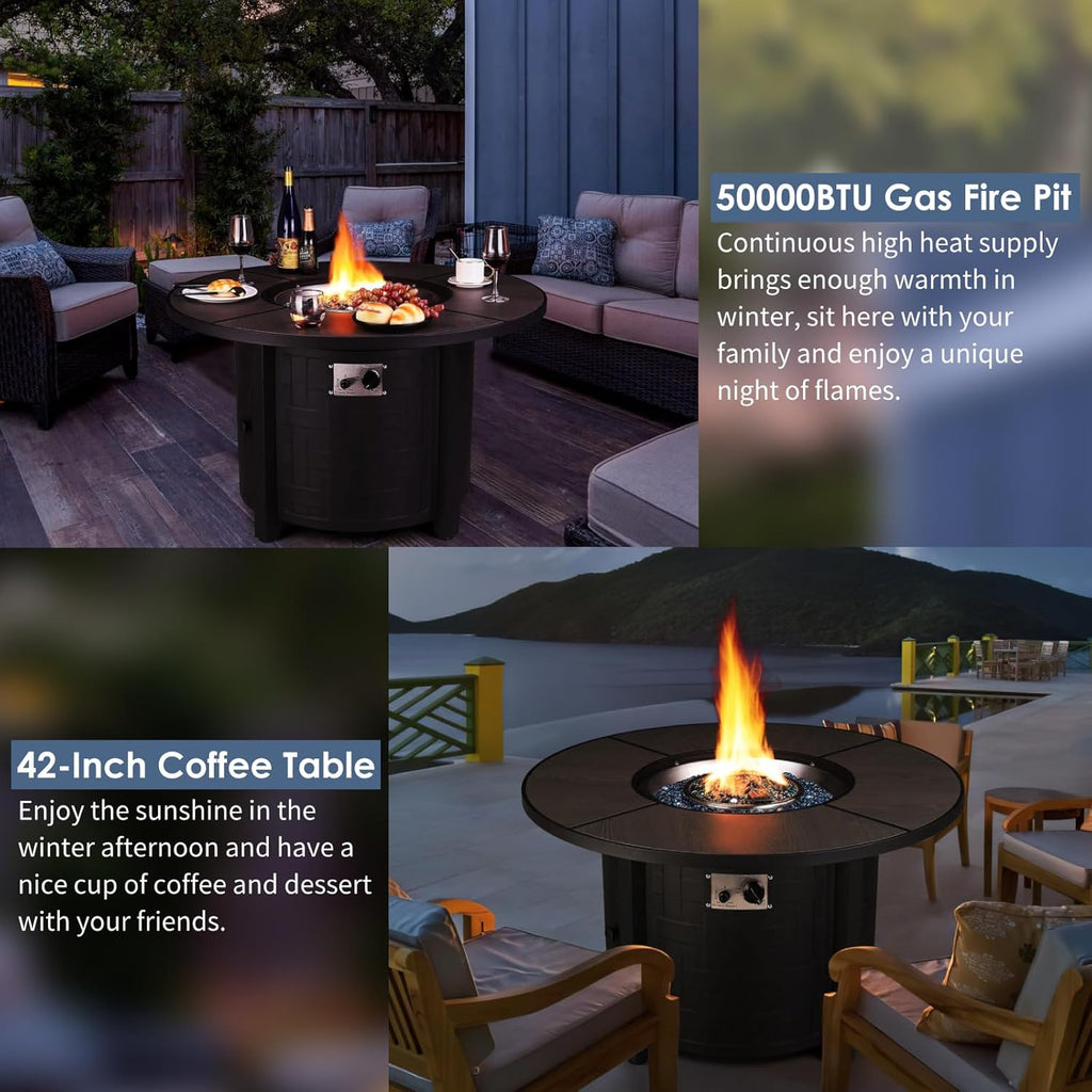 42in Propane Fire Pit Table, 50,000 BTU Auto-Ignition Outdoor Patio Fire Pit with Waterproof Cover, Blue Fire Glass & Convertible Lid – CSA - Image 5