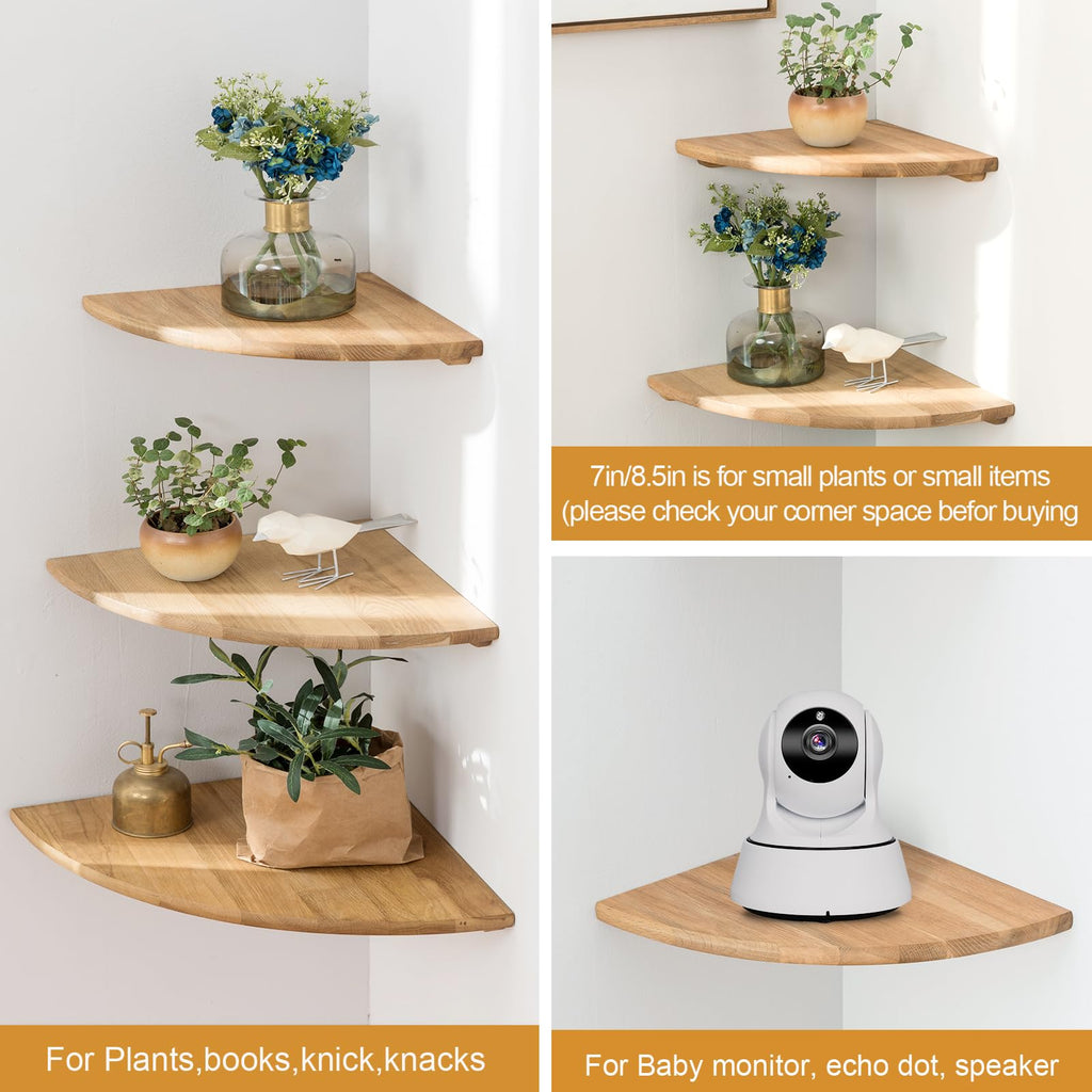 Corner Shelves, Floating Corner Shelf, Set of 2 7inch Solid Oak Wood Wall Shelves, Round End Wall Mount with Wire