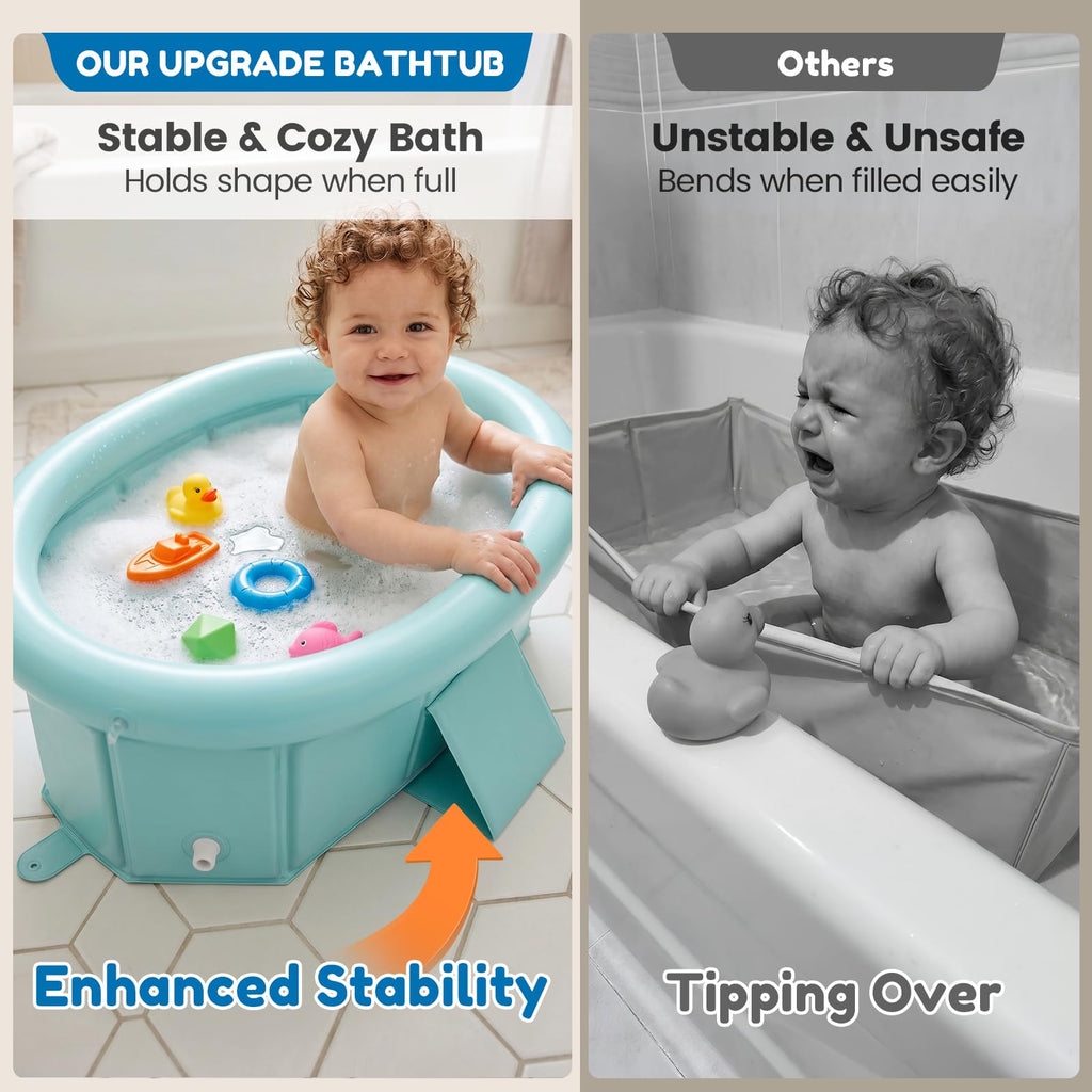 Portable Toddler Bathtub with Inflatable Top Edge & Side Drain Plug