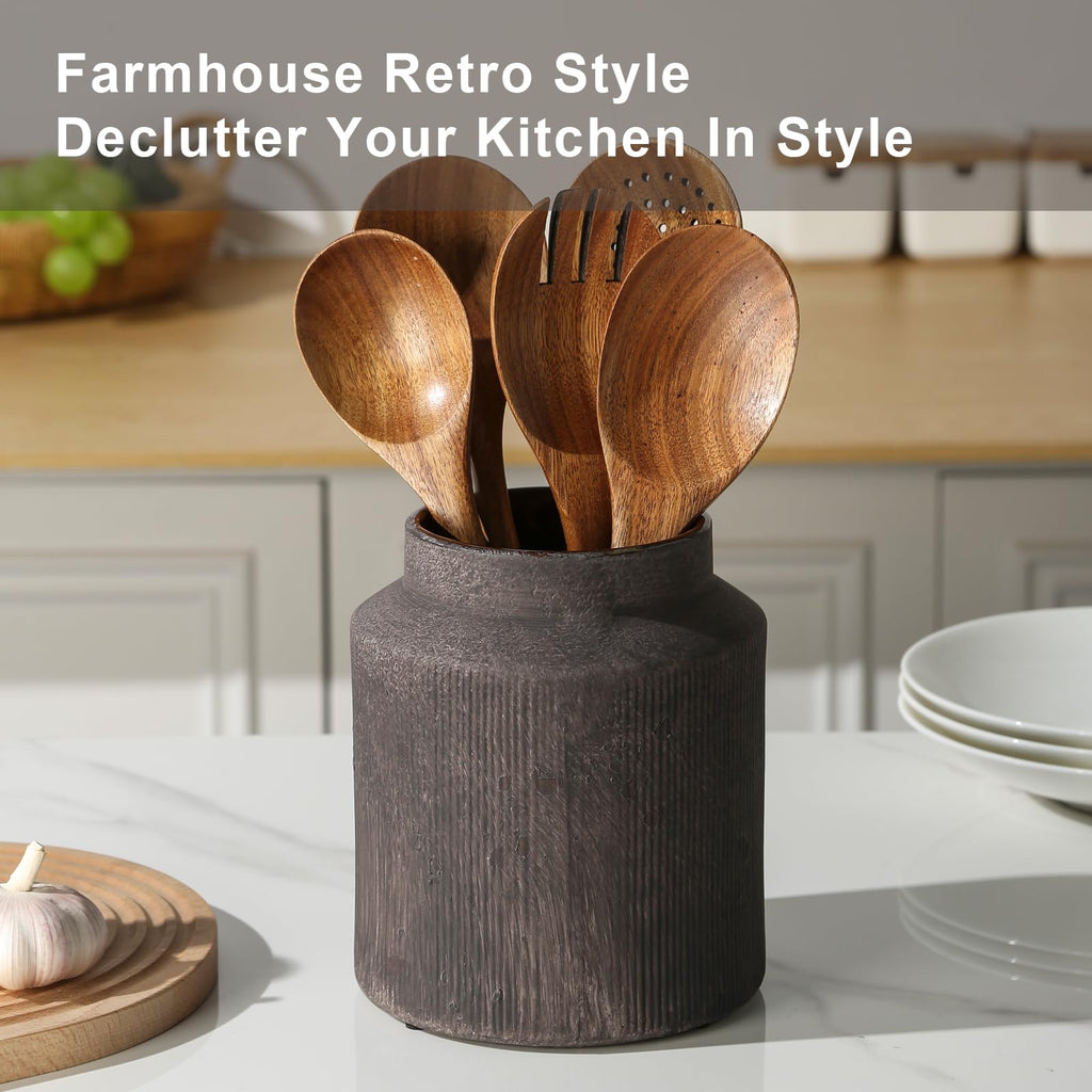 Farmhouse Ceramic Farmhouse Kitchen Utensil Holder for Countertop, Rustic Cooking Utensil Holder Crock Fit Counter.