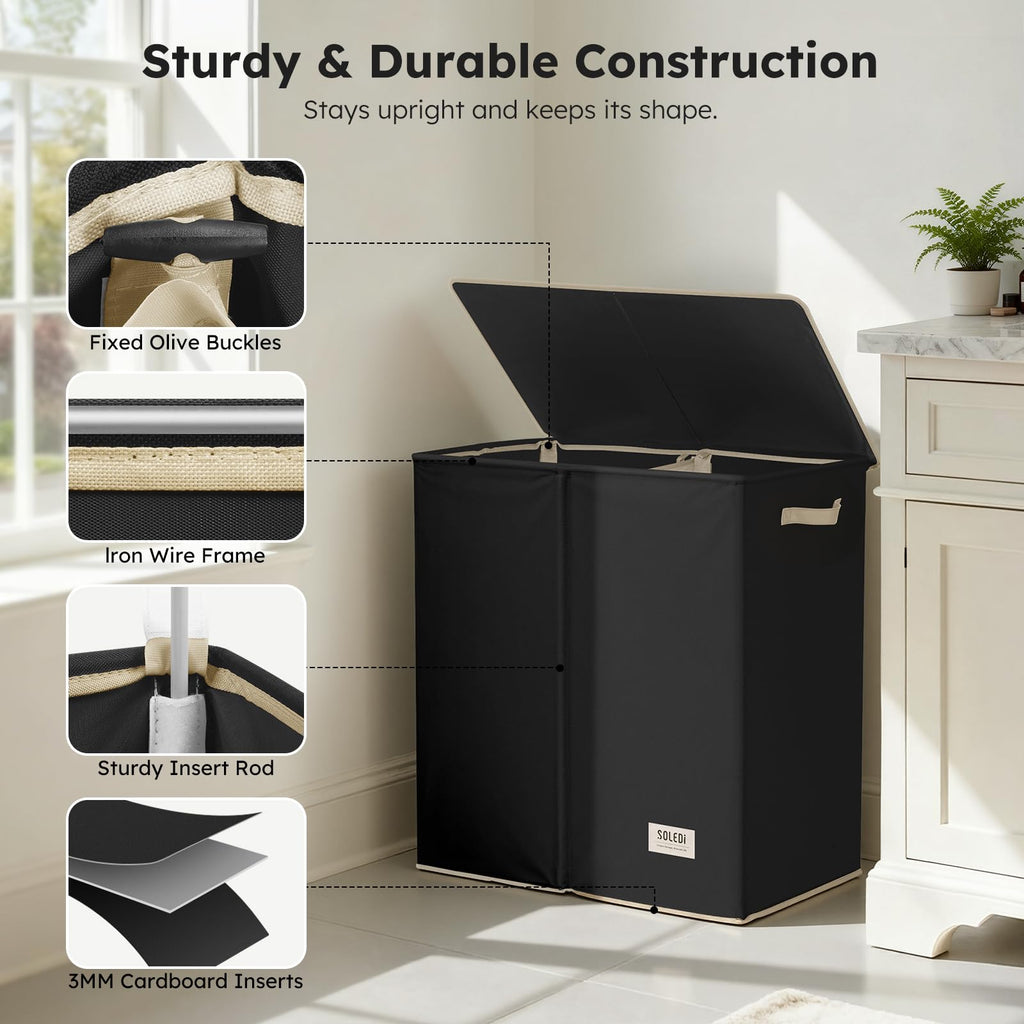 Large Double Laundry Hamper with Lid,165L Collapsible Clothes Hamper 2 section with Removable Bags, Space-Saving