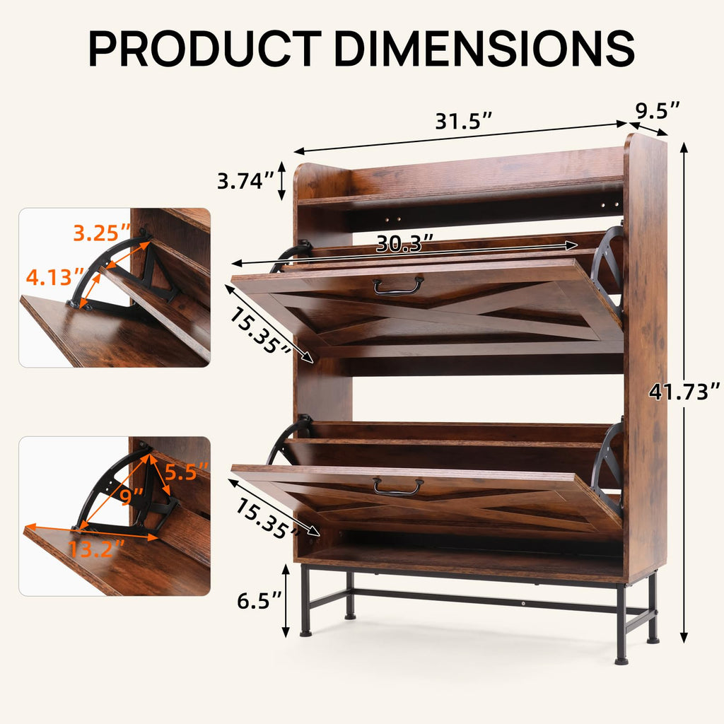 Shoe Storage Cabinet, Narrow Shoe Cabinet with 2 Flip Drawers, Freestanding Shoe Organizer with Open Storage