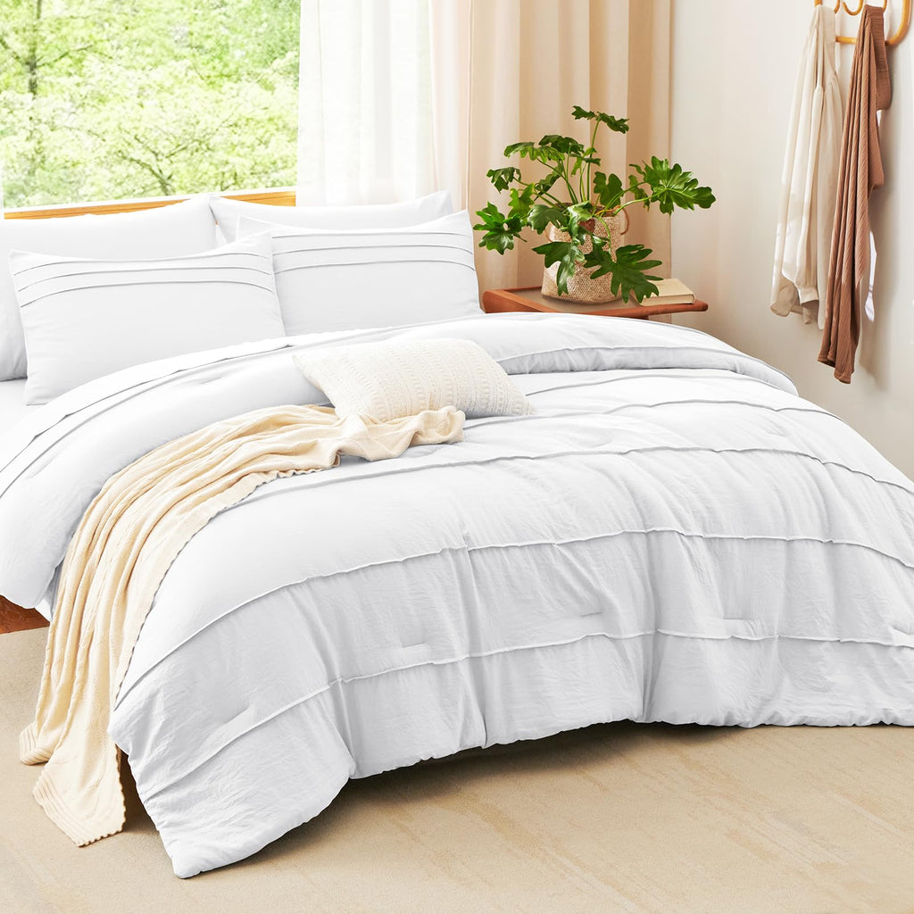 King Size Comforter Set White, 7 Pieces Soft Pinch Pleat Bed in a Bag King Comforter Set with Sheets, Boho Bed Set