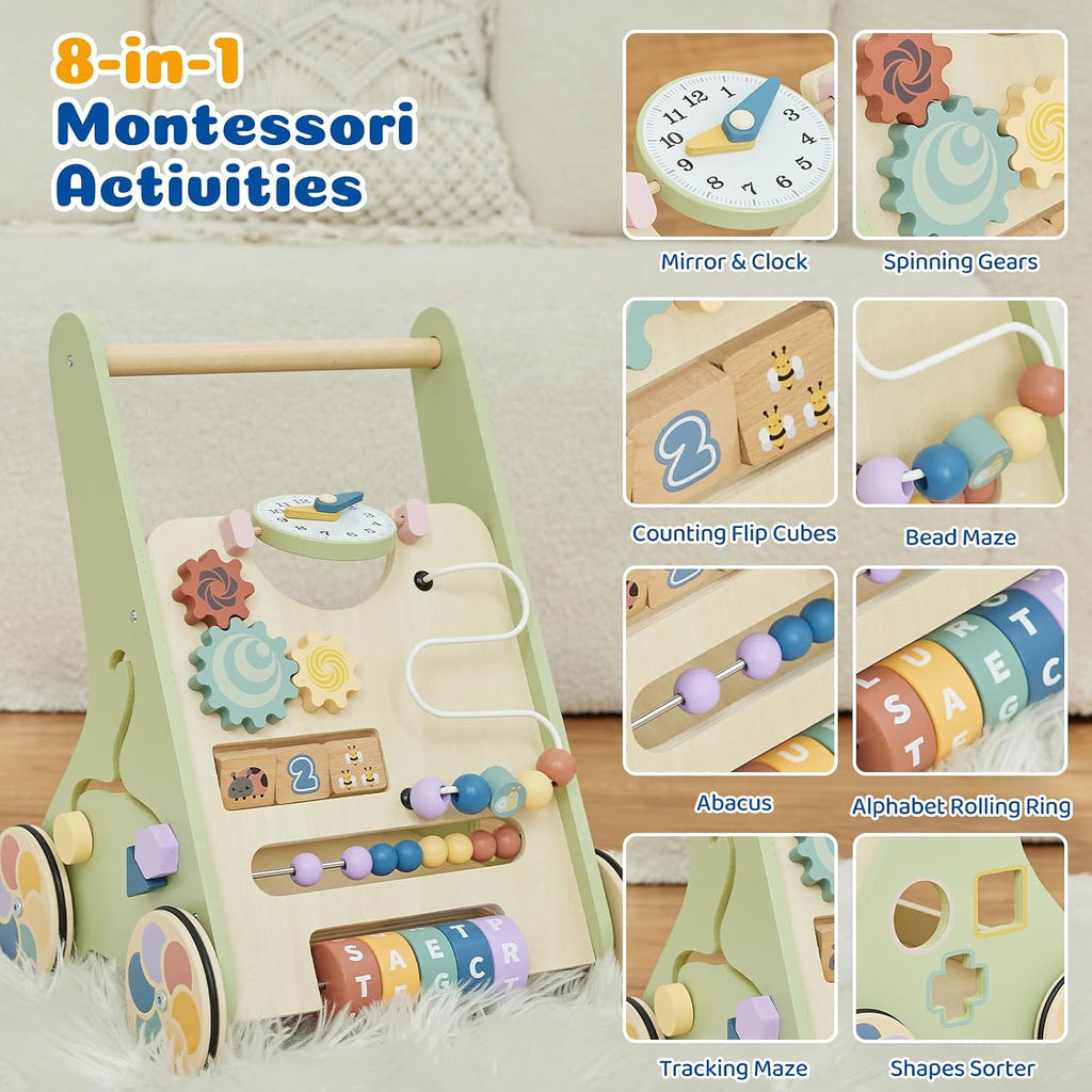 Wooden Baby Walker with Adjustable Wheels, in-1 Montessori Push Walker
