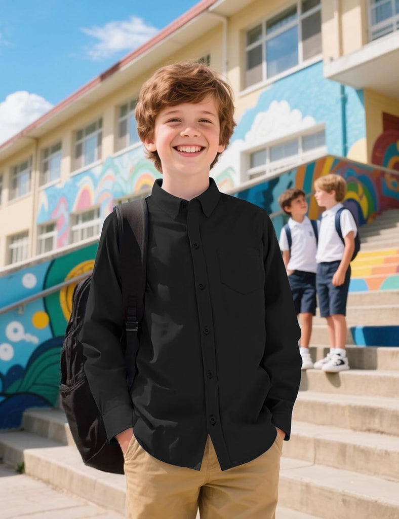 Boys Long Sleeve Dress Shirts Button Down Uniform Shirt with Pocket