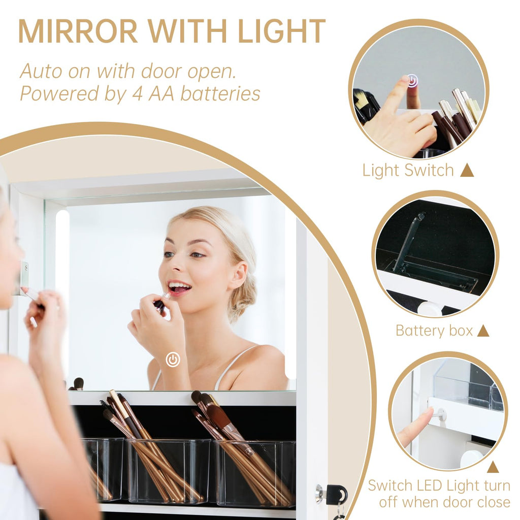 Arched Swivel Jewelry Cosmetics Armoire Cabinet Standing with Full Length Mirror, Lockable Jewelry Organizers Storage