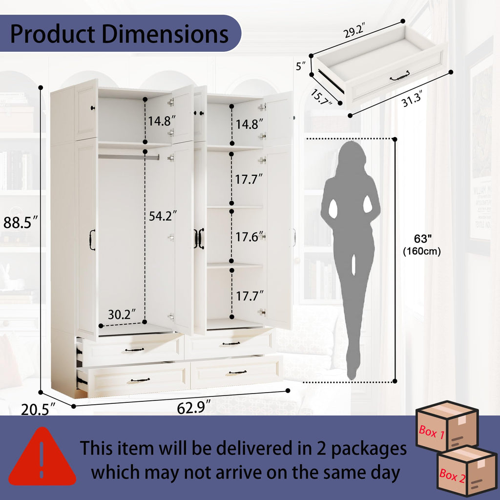 White Armoire Wardrobe Closet with 4 Drawers, 88" Tall x 63" Wide