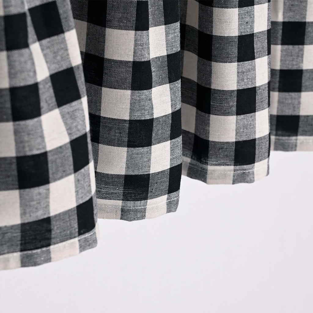 Farmhouse Rustic Linen and Black Plaid Cotton Valance, Buffalo Pleated Design with Coconut Buttons, Multi-Room Window