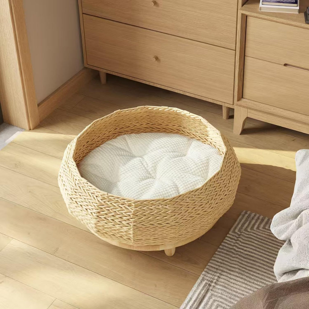 Extra Large Handwoven Paper Rope Wicker Rattan Pet Cat Dog Nest Basket Bed, Elevated Couch with Wooden Base, Cozy