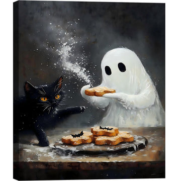 Framed Halloween Canvas Wall Art Adorable Ghost and Black Cat Baking Treats, Cozy Vintage Farmhouse Artwork, Canvas