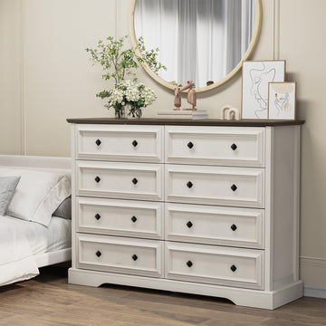 Farmhouse 8 Drawer, 54" Wide Wood with Natural Texture, Vintage Metal Double Hand Knobs, Rustic Chest of Drawers