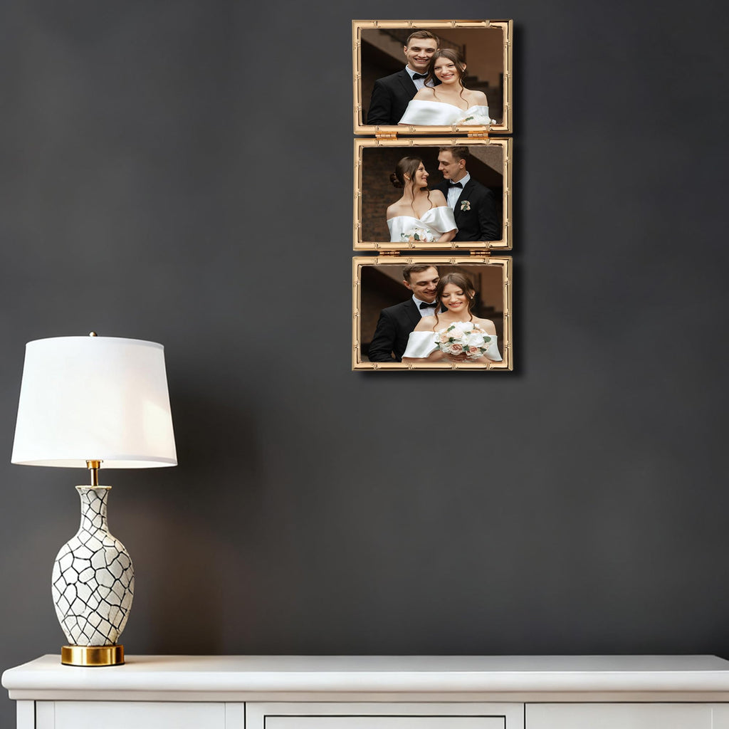 Dark Gold 4x6'' Bamboo Detail Designs Hinged Triple Metal Picture Frame, Elegant Gold Plated Wedding Photo Frames With