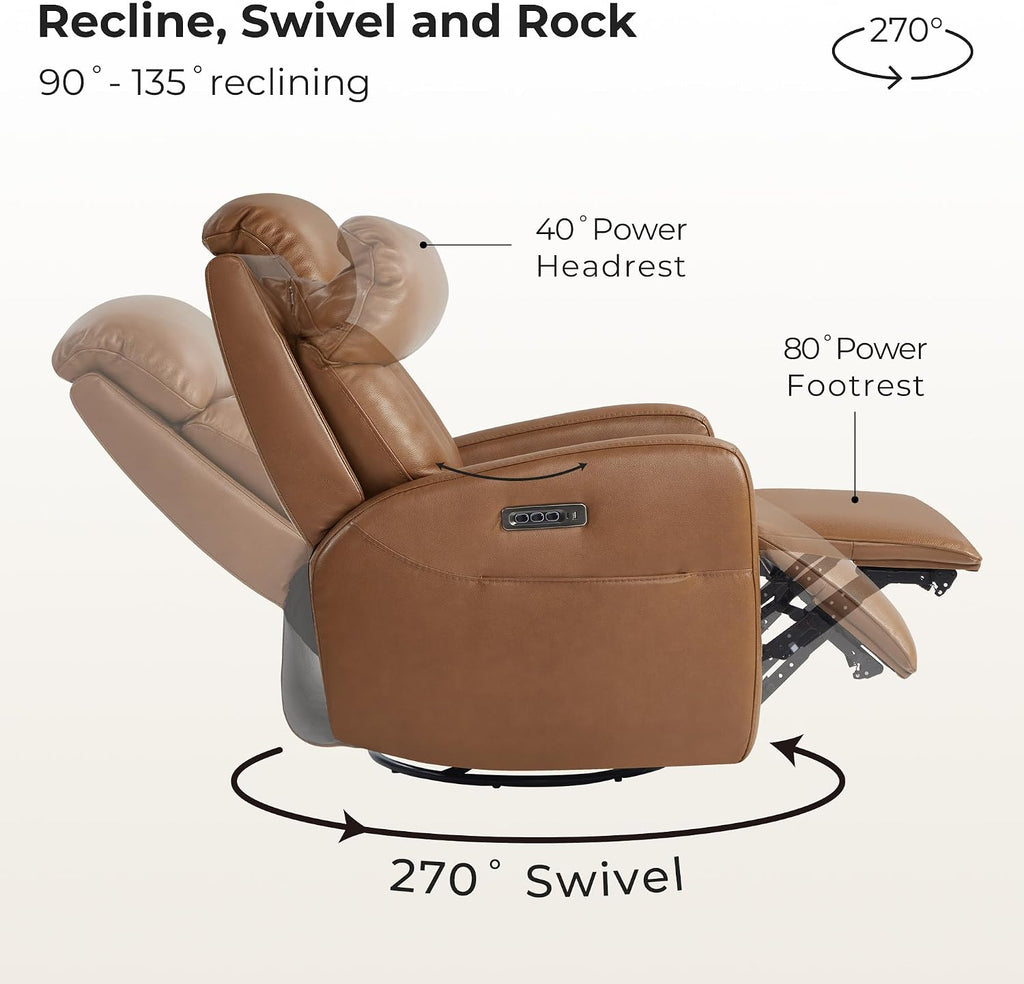 Leather Power Swivel Recliner Chair for Adults, Triple Motor Electric Rocker Recliner with Adjustable Headrest and