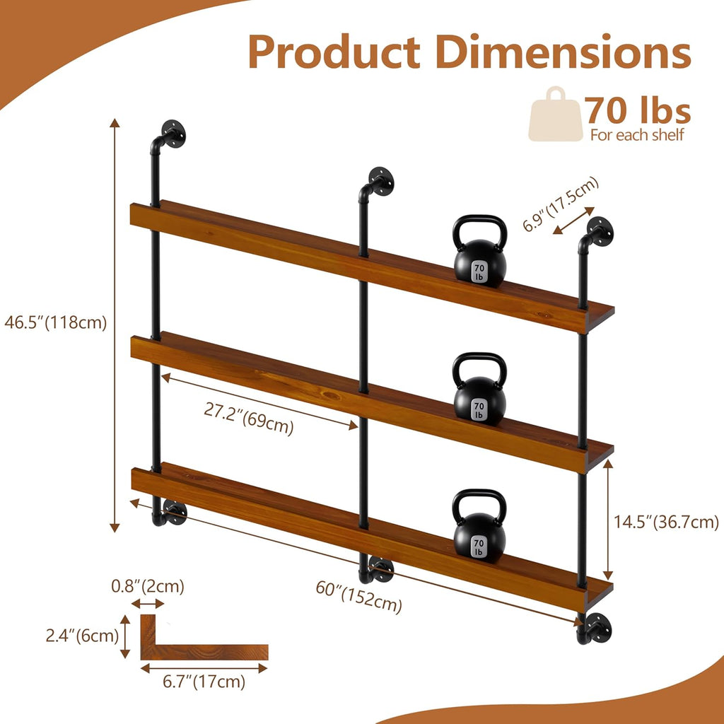 Bar Shelves, Wall Mounted Wine Rack, Walnut Brown, 60 Inch | 3 Tier, Industrial, Solid pine shelves, black pipe