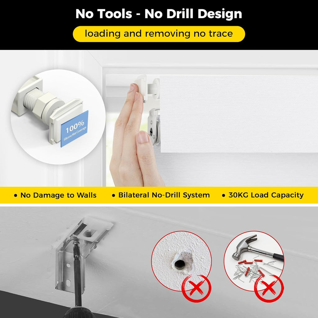 No Tools No Drill Cordless Blackout Roller Shades for Indoor Windows, Easy to Install, Darkens Rooms, Blocks Heat
