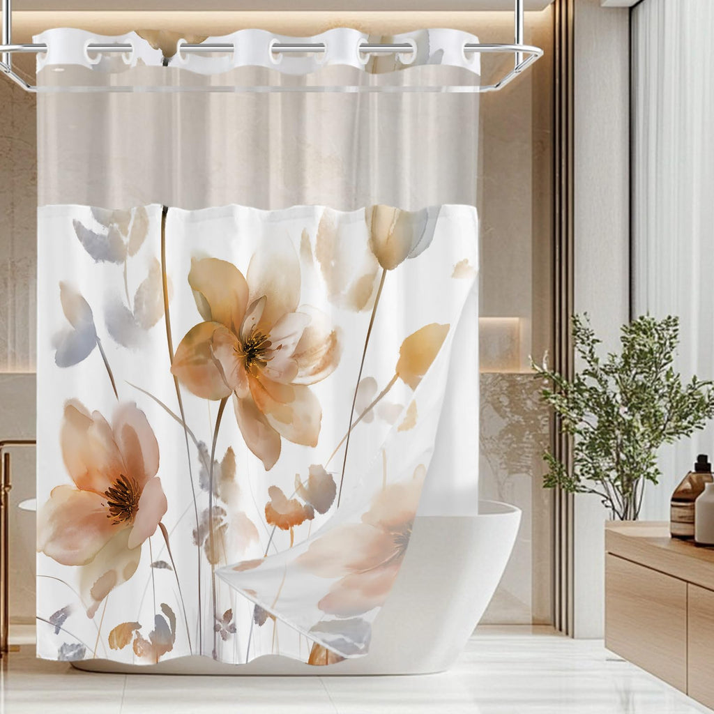No Hook Shower Curtain and Liner Set, Orange Boho Floral 71x84