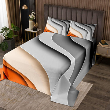 Sea Wave Bedspread Ocean Quilt Set, Abstract Art Coverlet Set Orange Gradient Stripe Bedding Set, Coastal