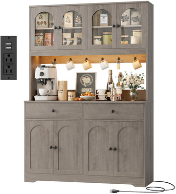 71" LED Kitchen Pantry Cabinet with Power Outlet, Tall Hutch, Grey
