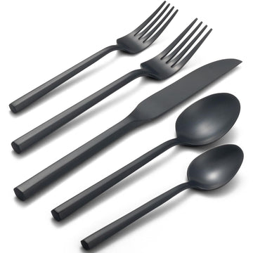 Hexagon Black 40-Piece Forged Silverware Set Stainless Steel Flatware Set, Service for 8, Matte Satin Polished Cutlery