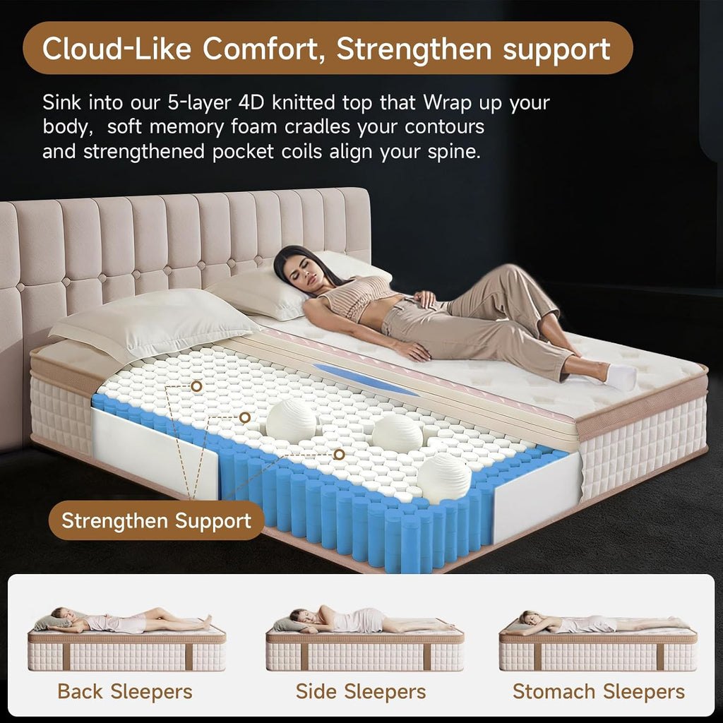 Queen 12 Inch Hybrid Mattress in a Box, Medium Firm, Gel Cooling | Memory Foam & Pocket Springs, Pressure Relief