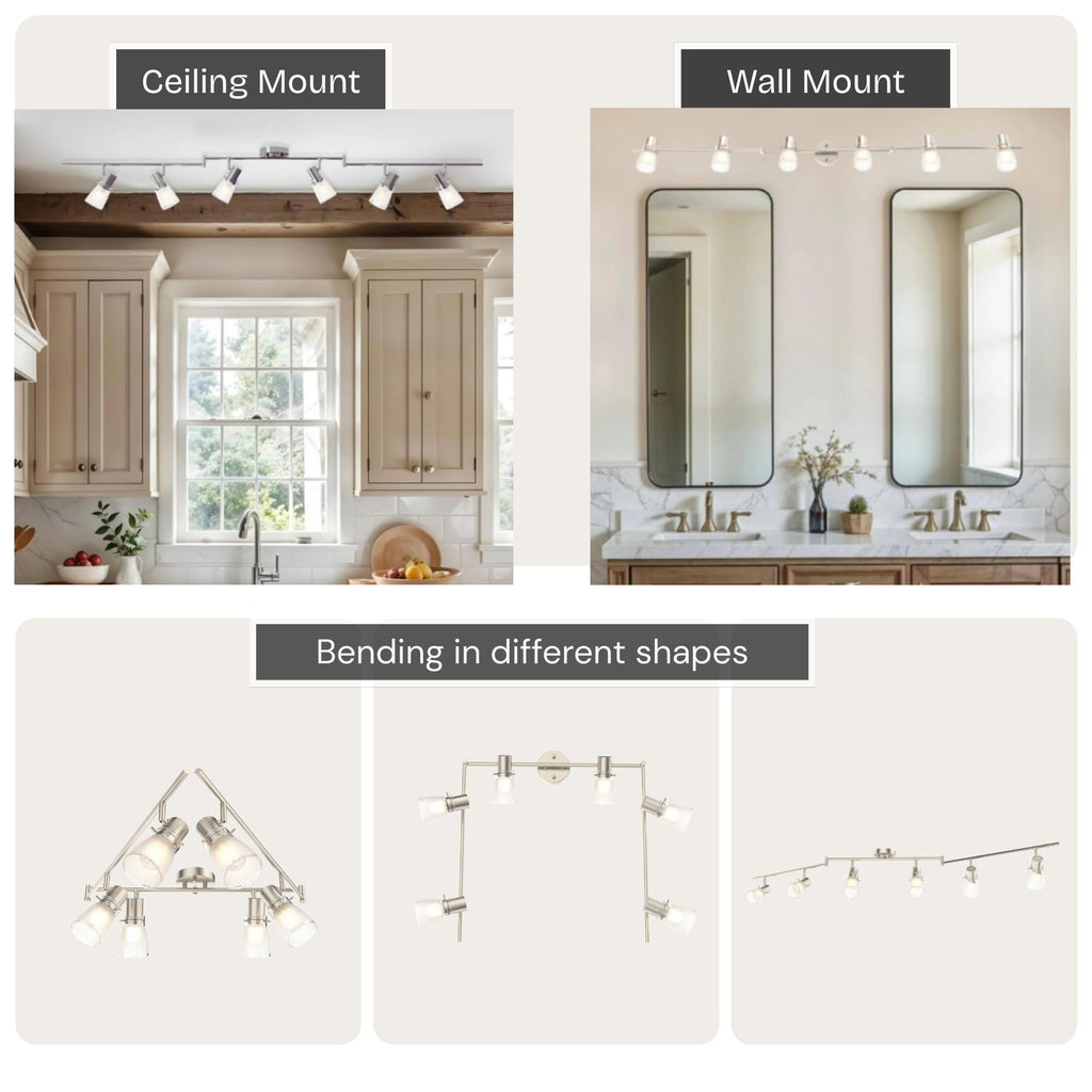 Lumens 6-Light Decorative Track Lighting Kit, Brushed Steel Finish Flush Mount Ceiling Light Fixture with Frosted