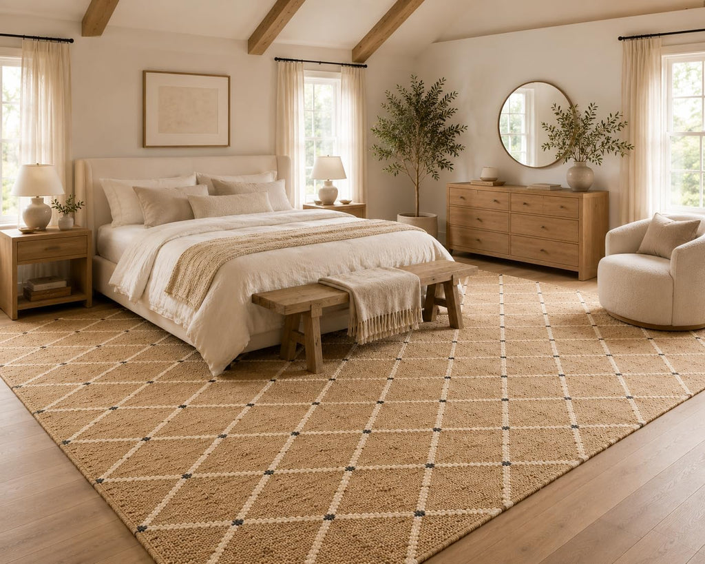 Hand Woven Jute Rug 9'x12' Area Rug - Rectangular Handcrafted Premium Geometric Design, Reversible Natural Fiber Rugs
