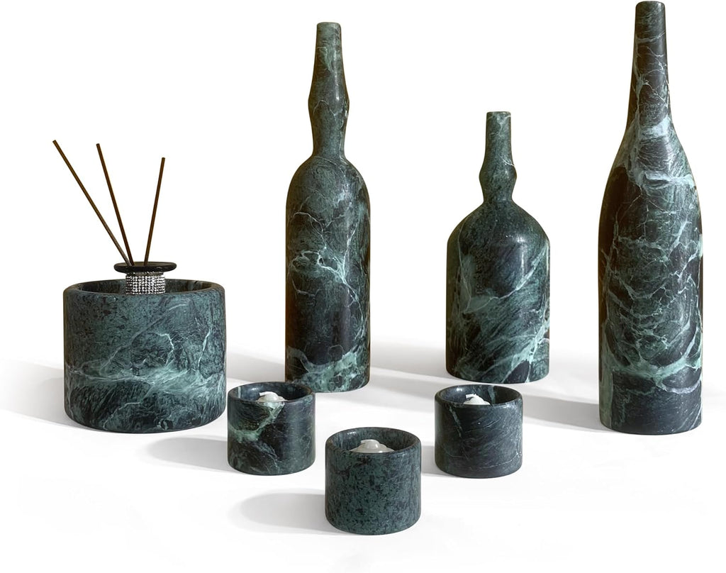 Diamond Green Natural Marble Living Room Decor Set Luxury 7-Piece Home Accessories Kit with Real Marble Candle