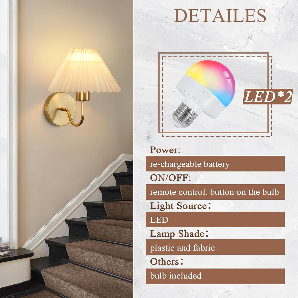 Wall Sconces Sets of 2 RGB Battery Operated Wall Sconces for Bedroom Dresser Classic Golden Wall Lamp with Remote for