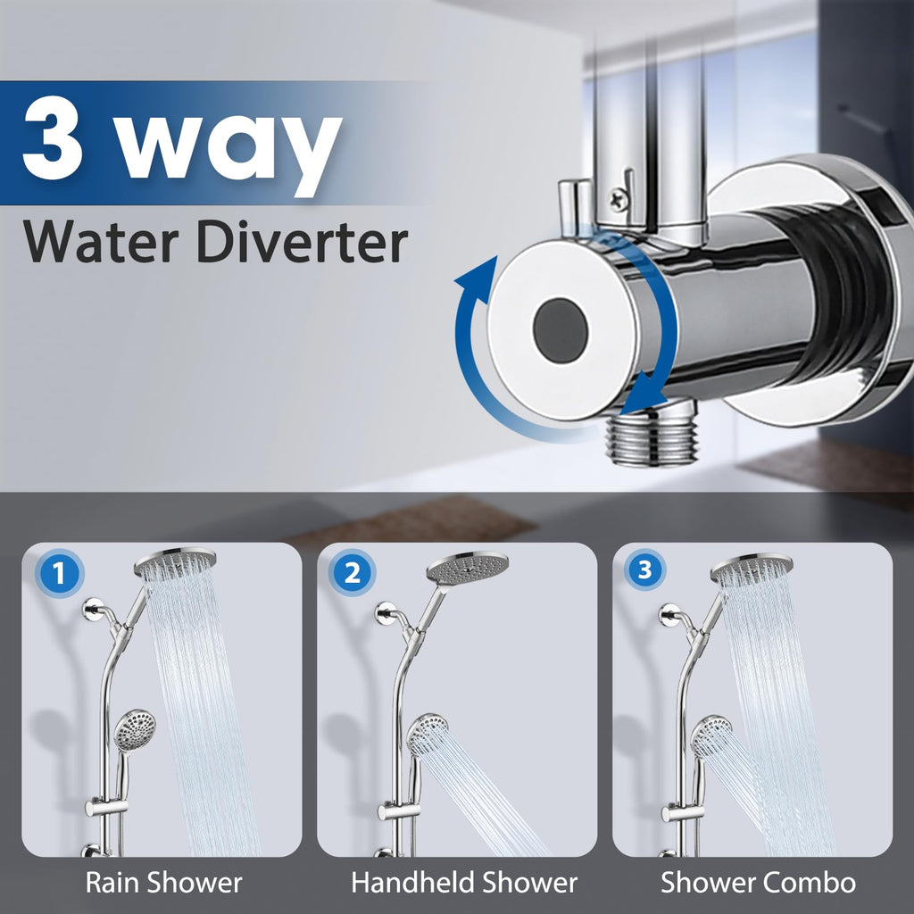 High Pressure Shower Head with Handheld Shower, 26" Adjustable Height Drill-Free Slide Bar, 3-Way Diverter for Easy