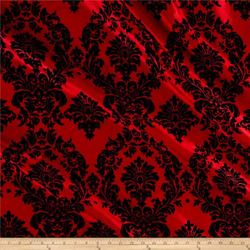 Flocked Damask Taffetta Red/Black, Fabric by the Yard