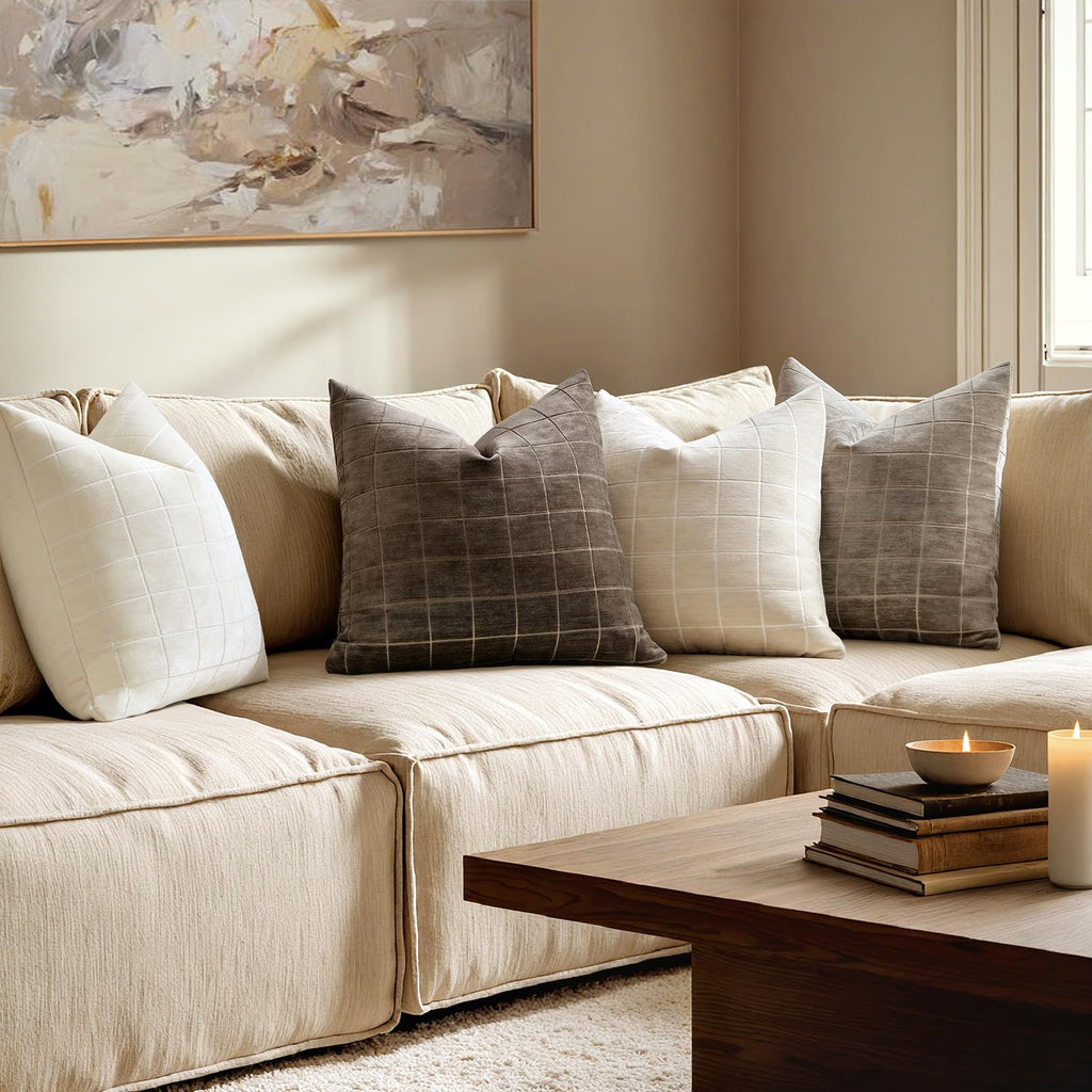 Beige Plaid Decorative Throw Pillow Covers 18x18 Set of 2
