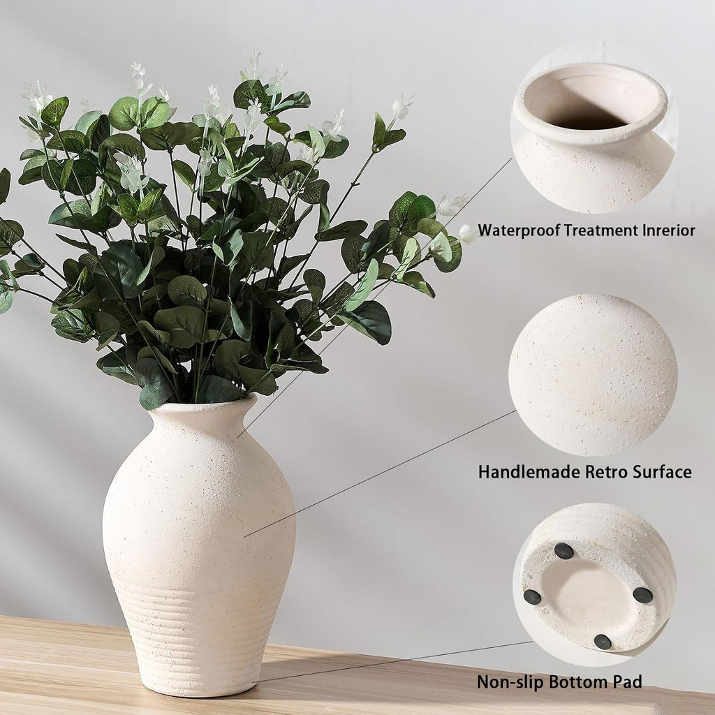 Ceramic Rustic Farmhouse Vase, 9.2 inch Whitewashed Terracotta Vase, Pottery Decorative Vases,Clay Decorative Vases