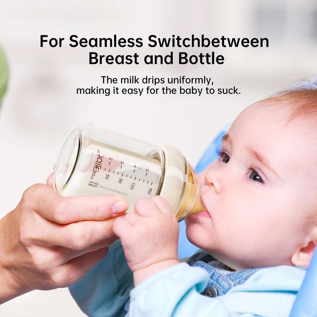 Natural Glass Baby Bottle 4 Pack with Extra Nipples - 2 Slow Flow (Size S) and 2 Medium Flow (Size M), 5.4 oz, Anti