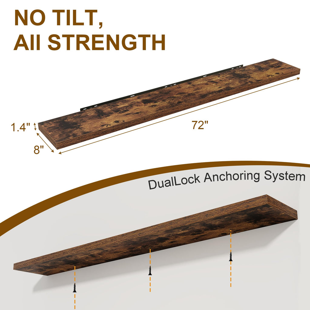 72 Inch Floating Shelves, 8 Inch Deep Floating Shelf, Large Shelves with Invisible Bracket for Books|Storage, Rustic