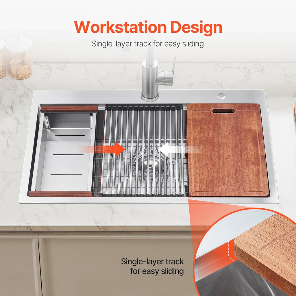 Drop Sink 33 Inch Kitchen Sink Workstation, 304 Stainless Steel Top Mount Sinks, Drop-In Single Bowl with Ledge &