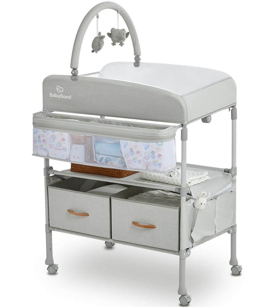 Portable Baby Changing Table with 2 Storage Baskets (Beige) | Large Storage Foldable Changing Table for Infant and