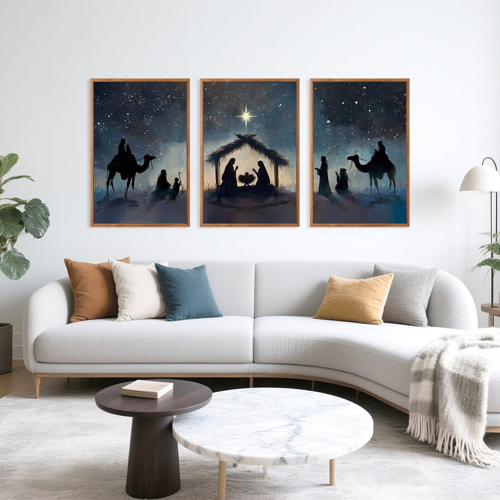 Framed Nativity Scene Decor, Starry Night Christmas Religious Prints