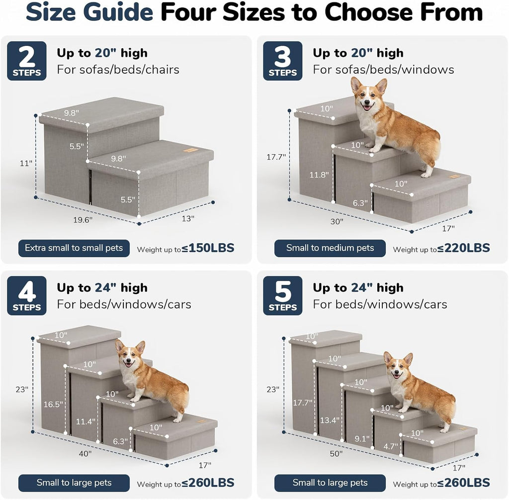 3-Step Dog Stairs for Large Dogs with Storage 18" H, Light Grey