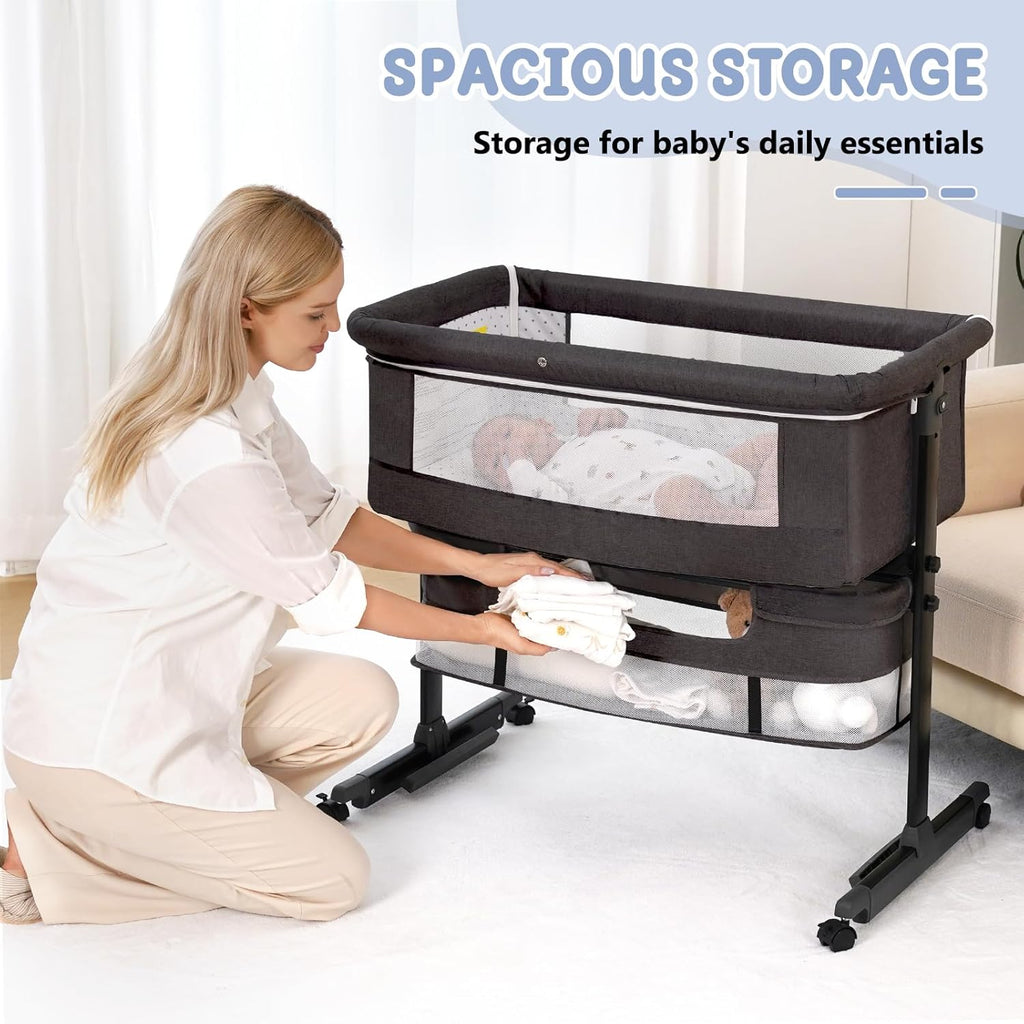 Bassinet, 3 in 1 Bedside Bassinets for Baby, Bassinet Bedside Sleeper with Wheels, Adjustable Height with Rocking