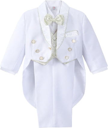 Baby Boy Classic Tuxedo Suit 5 Pcs Set Formal Dress Wear Wedding Outfit with Gold Jacquard Vest, Black/White