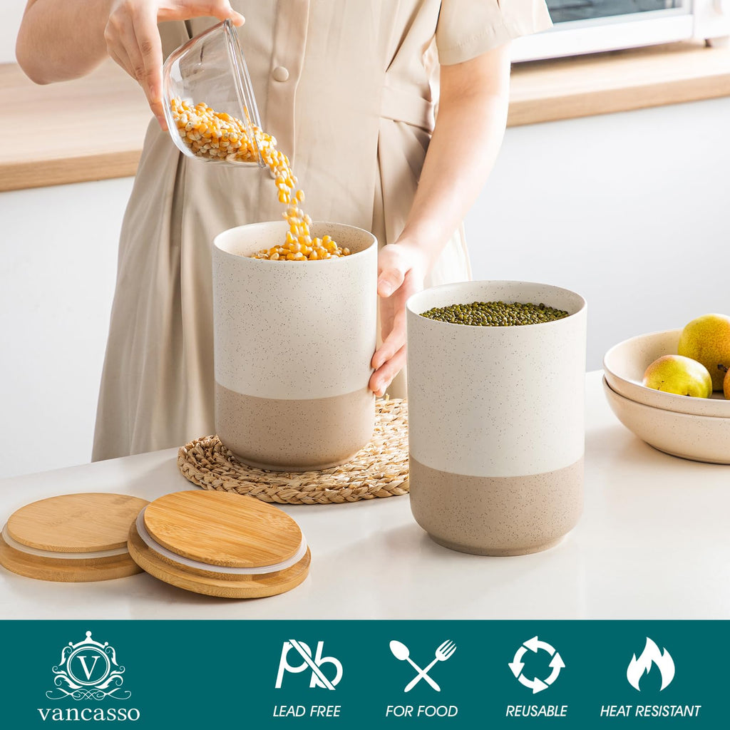 Sabine Large Ceramic Canister Set with Airtight Wood Lids - 2-Piece Kitchen Food Storage Jars for Flour, Sugar